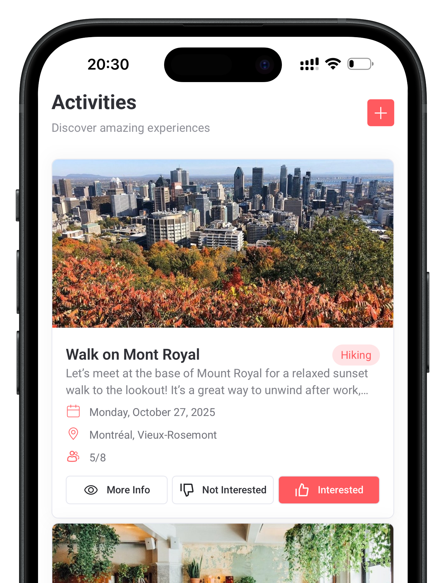 Screenshot of Blooom’s Activities tab on mobile