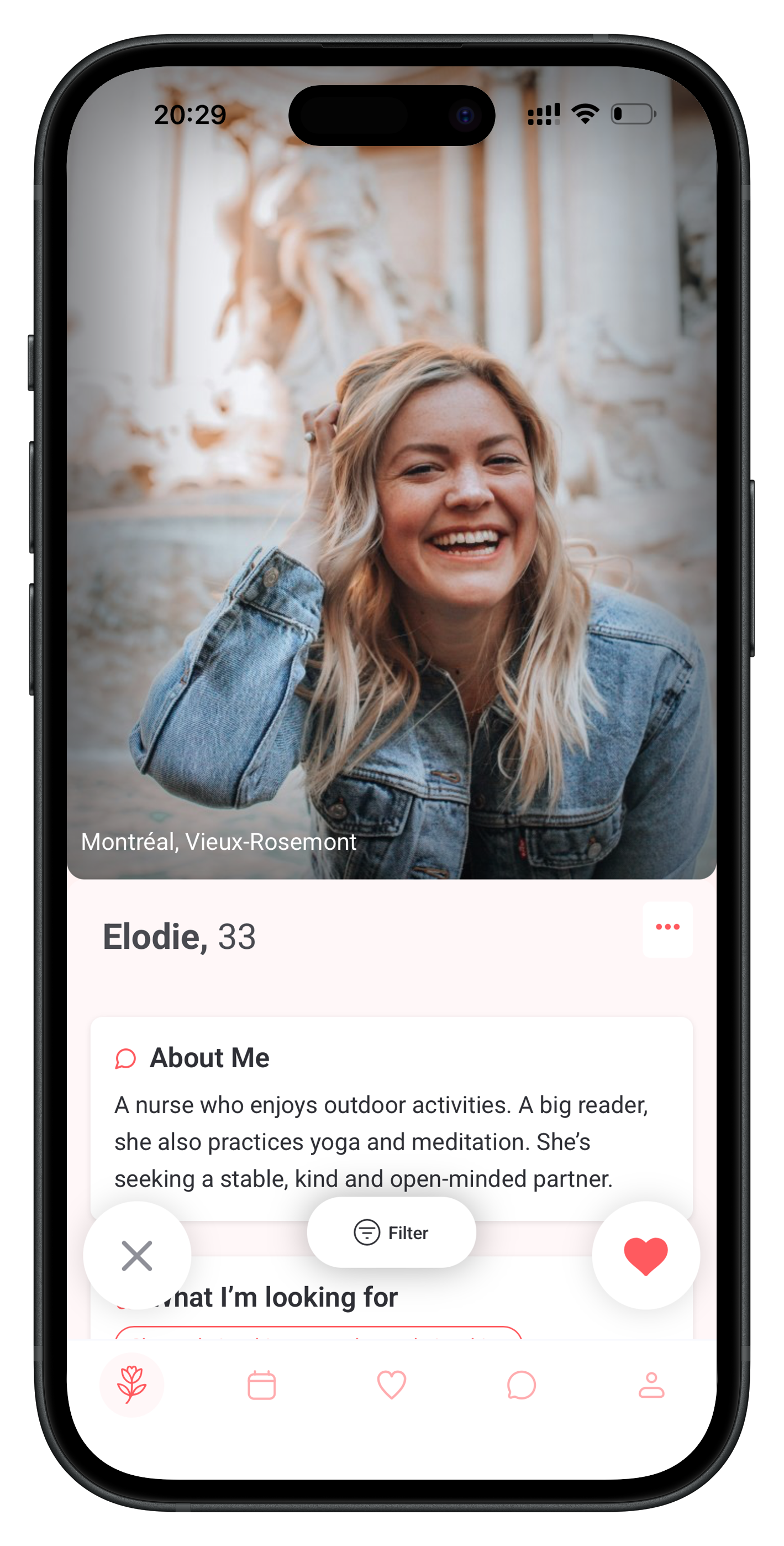 Screenshot of Blooom’s Dating tab on mobile